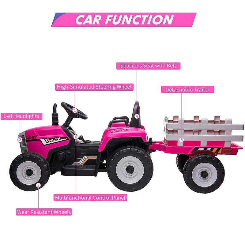 12V Battery-Powered Electric Ride-On Tractor Toy with Trailer and Remote Control