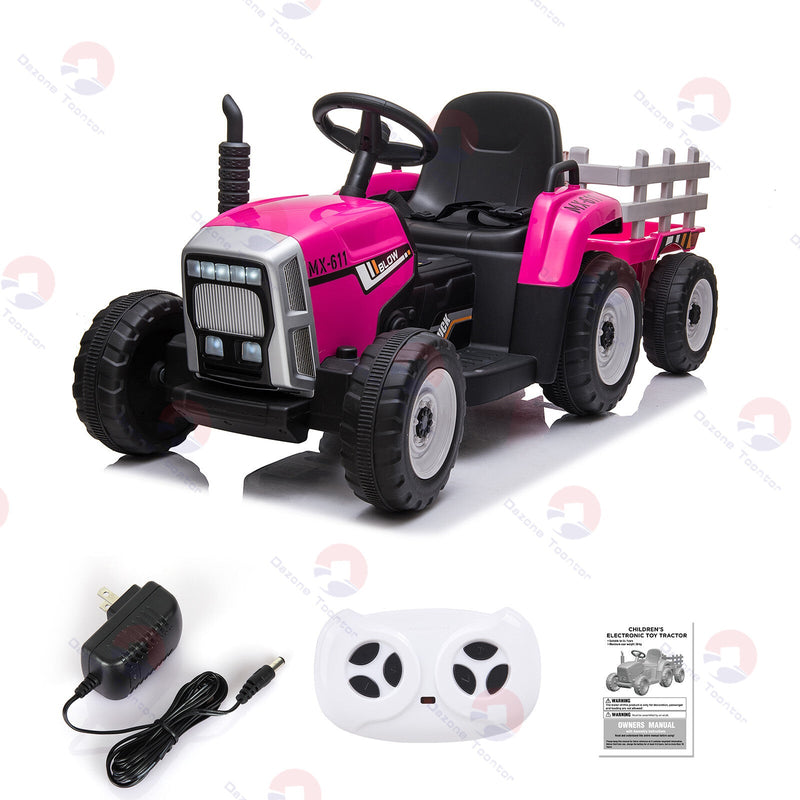 12V Battery-Powered Electric Ride-On Tractor Toy with Trailer and Remote Control