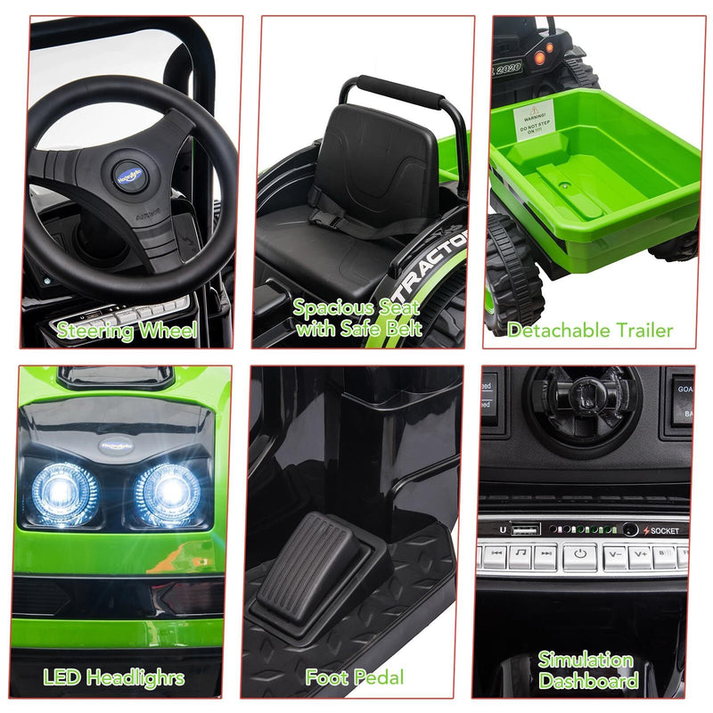 12V Battery-Powered Ride-On Tractor with Trailer and Remote Control Electric Car