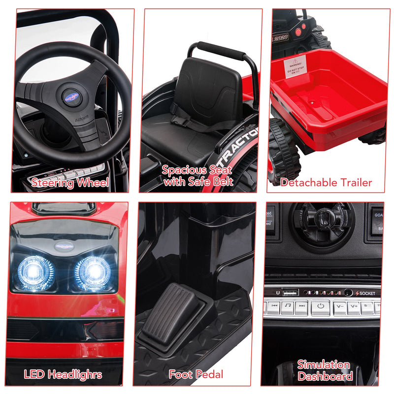 12V Battery-Powered Ride-On Tractor with Trailer and Remote Control Electric Car
