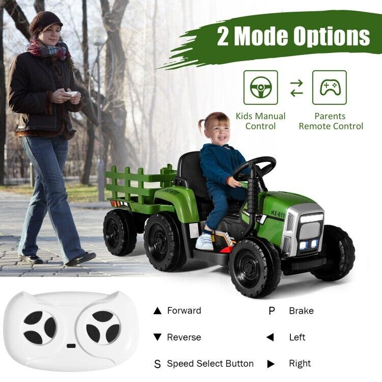 Ride-On Tractor with Trailer and Remote Control for Kids 3+ Years with Lights