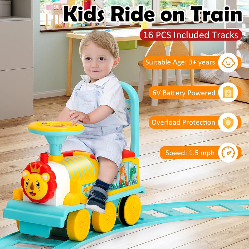 Electric 6V Ride-On Train Toy with 16-Piece Track Set for Kids