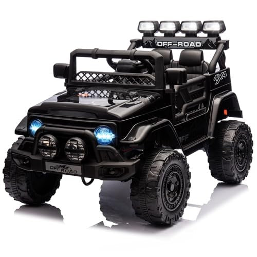 12V Electric Ride-On Truck with Remote Control, 3 Speeds, LED Lights, Black