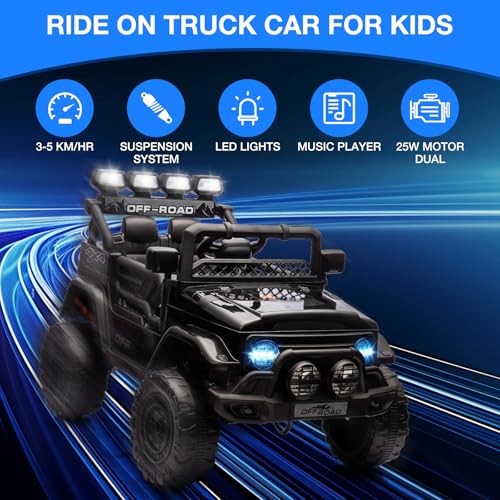 12V Electric Ride-On Truck with Remote Control, 3 Speeds, LED Lights, Black