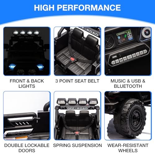 12V Electric Ride-On Truck with Remote Control, 3 Speeds, LED Lights, Black