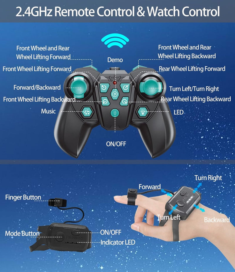 Remote Control Robot Dog Car for Kids with 8 Wheels and Handheld RC Stunt Features