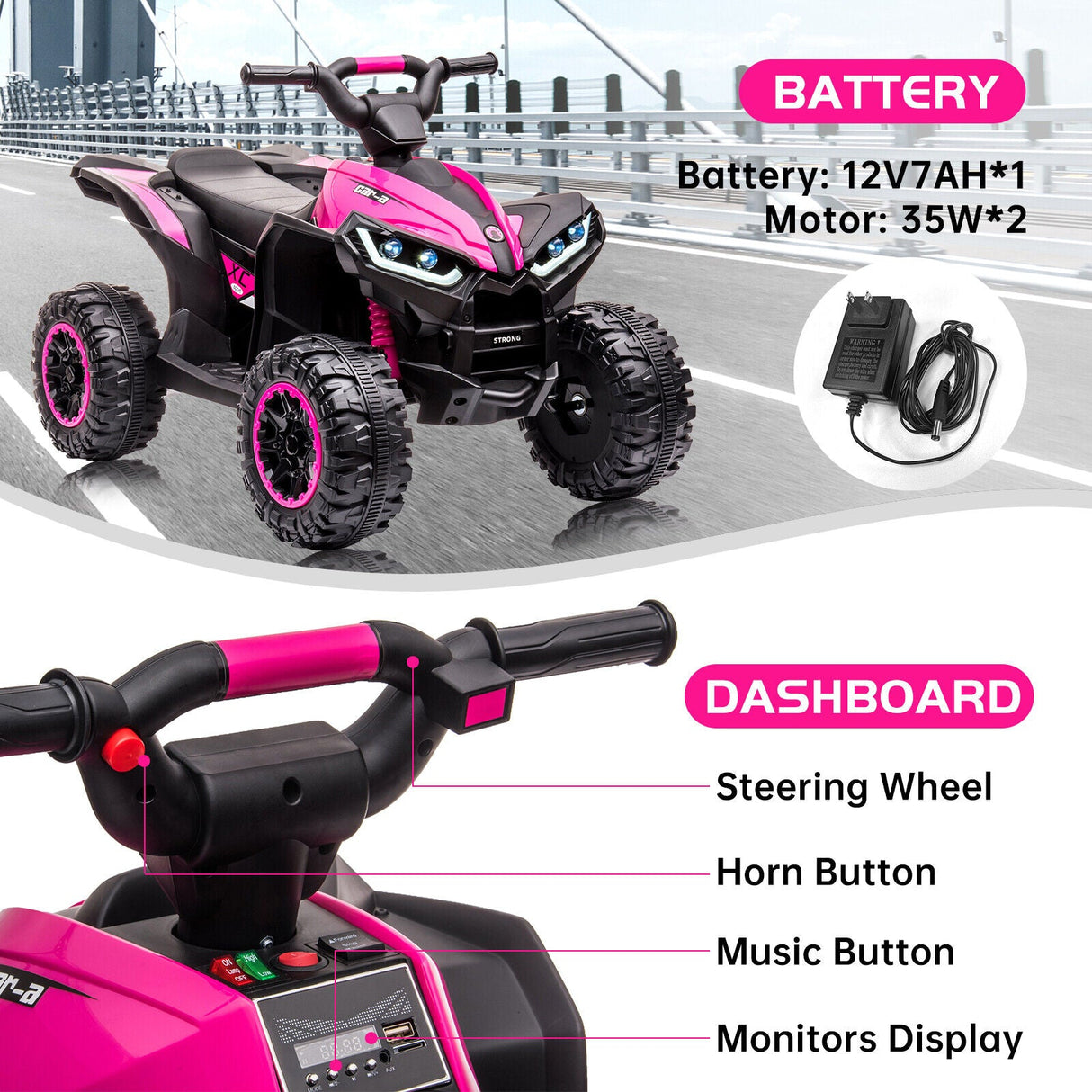 Electric 4-Wheels Car Truck ATV for Kids Ages 3+: 12V Battery Powered Ride On Toy