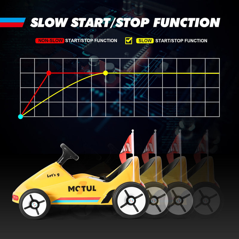 Yellow 12V Battery-Powered Kids Electric Ride-On Go-Kart with 3 Speeds, Music, and Remote Control