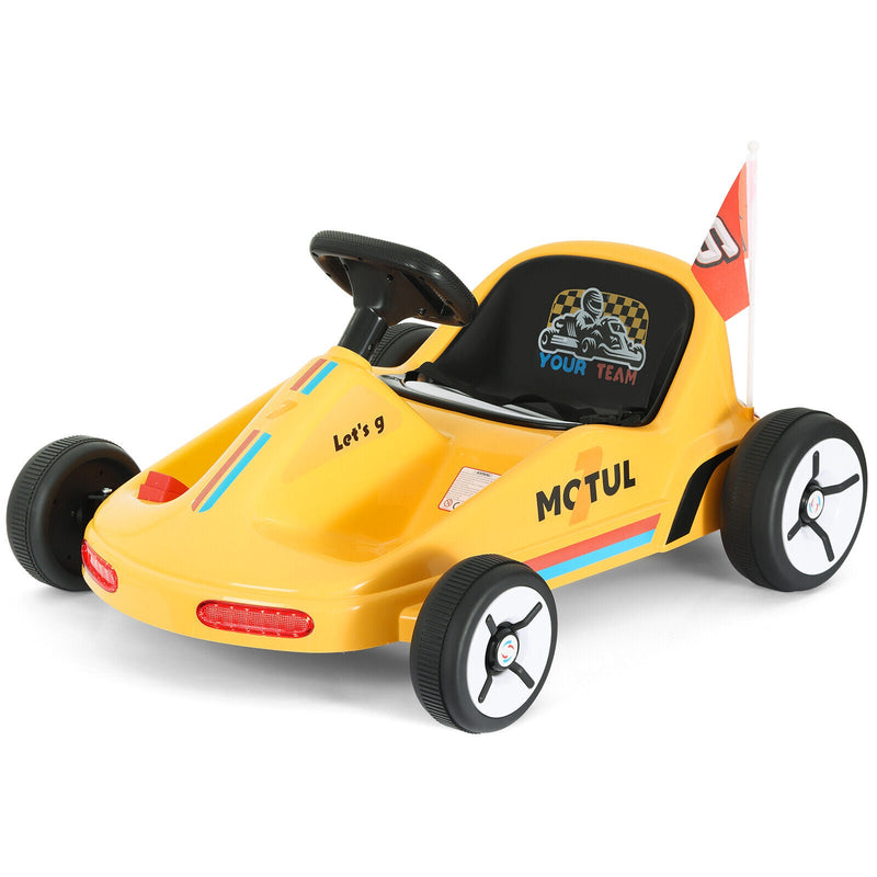 Yellow 12V Battery-Powered Kids Electric Ride-On Go-Kart with 3 Speeds, Music, and Remote Control