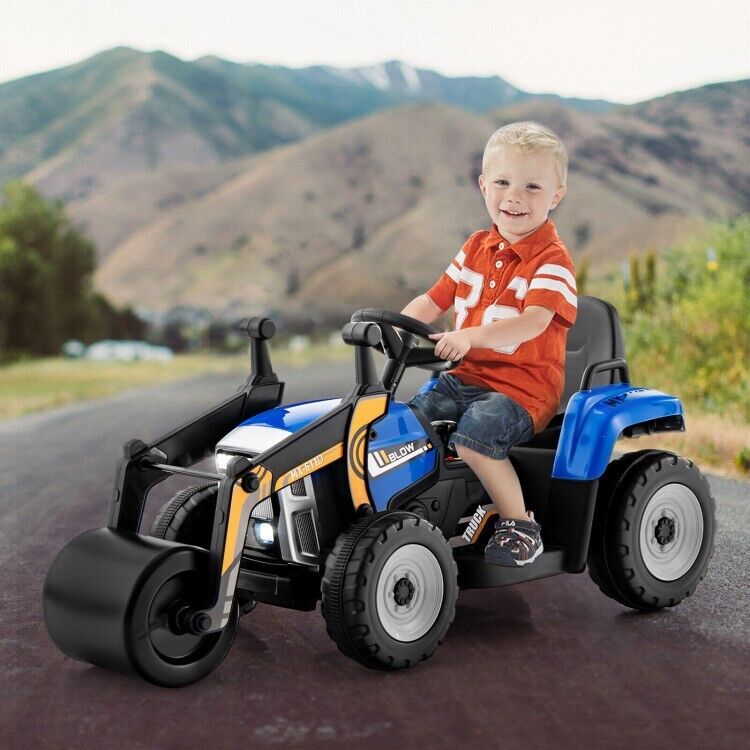 12V Electric Tractor for Kids with Remote Control, Music, and LED Lights - Blue