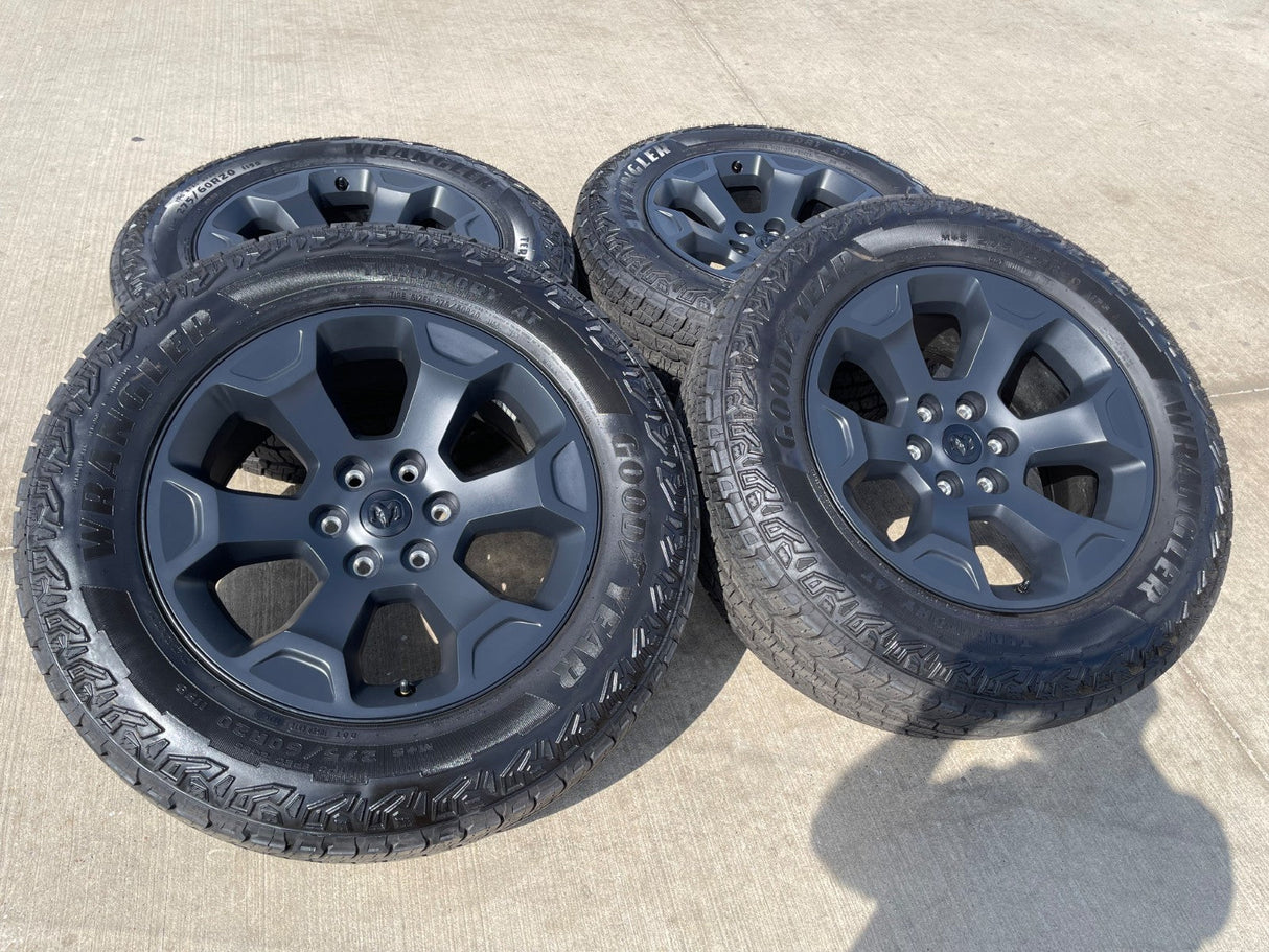 20" Dodge Ram 1500 OEM Laramie Black 2680 wheels rims 2025 2026 GOODYEAR NEW Texas Truck Tire