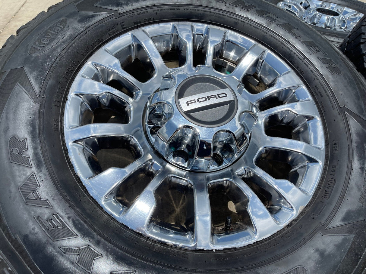 18" Ford F-250 F-350 OEM rims wheels 10290 chrome tires GOODYEAR WRANGLER A/T Texas Truck Tire