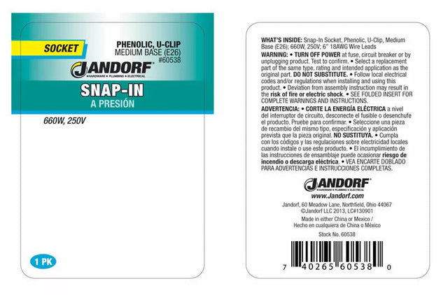 JANDORF Socket Snap In PHENOLIC U-CLIP Medium Base 60538 Jandorf