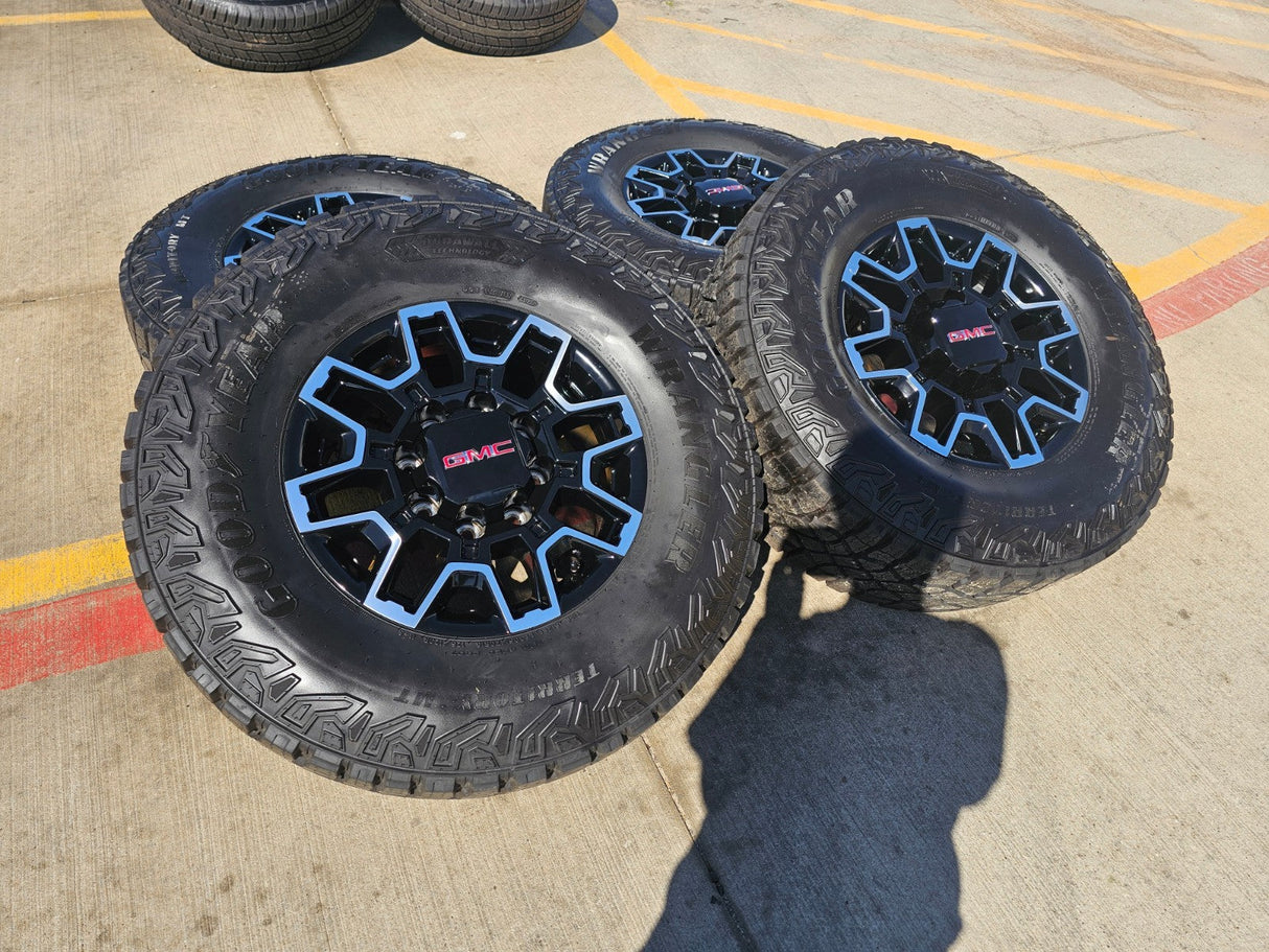 18" GMC Sierra AT4X Chevy Trail Boss 2500 OEM 14136 wheels rims GOODYEAR 35" NEW Texas Truck Tire