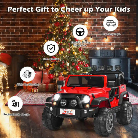 RC Electric Ride-On Toy Truck for Kids with 2 Seats and Storage Compartment - Red 12.6"