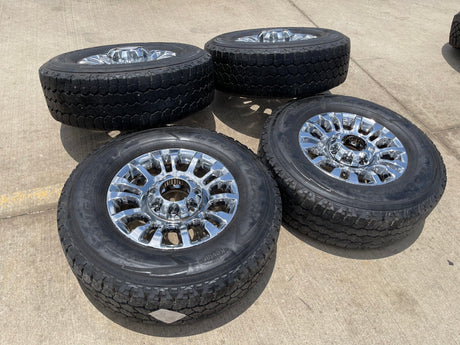 18" Ford F-250 F-350 OEM rims wheels 10290 chrome tires GOODYEAR WRANGLER A/T Texas Truck Tire