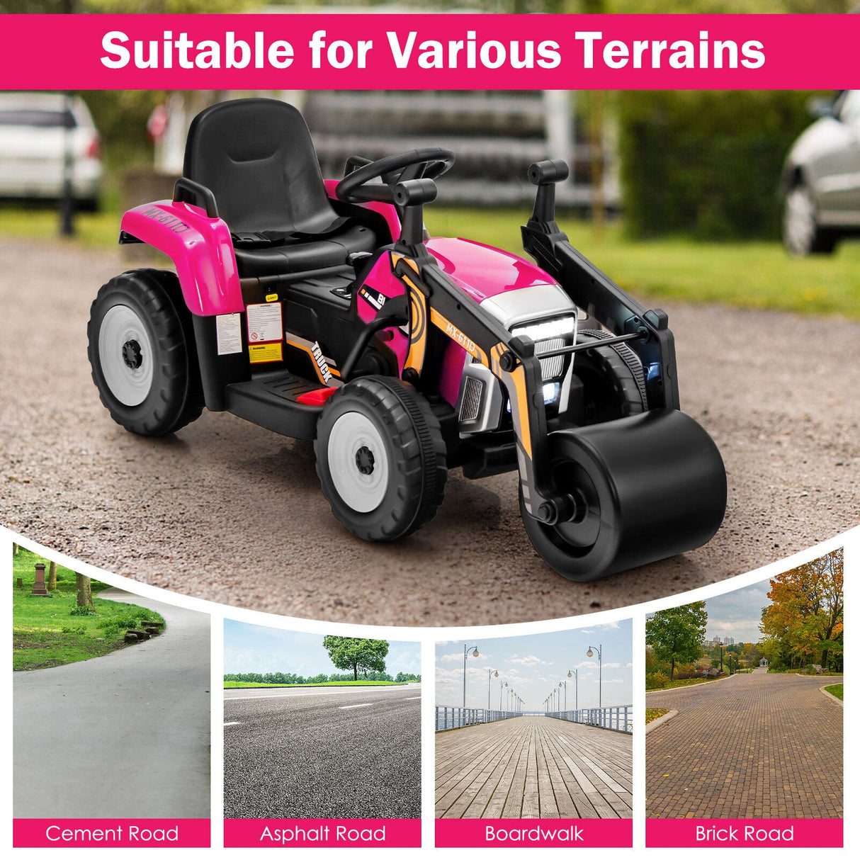 12V Electric Tractor for Kids with Remote Control, LED Lights, and Music - Pink