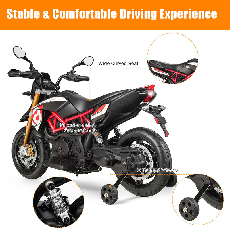 Aprilia 12V Kids Ride-On Motorcycle with Training Wheels in Red - Officially Licensed