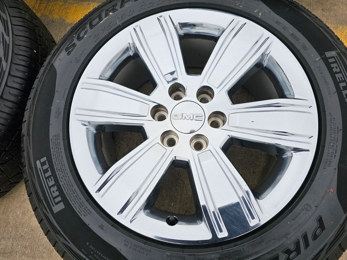 20" GMC Sierra Yukon DENALI OEM wheels rims 5752 chrome tires PIRELLI A/T Texas Truck Tire