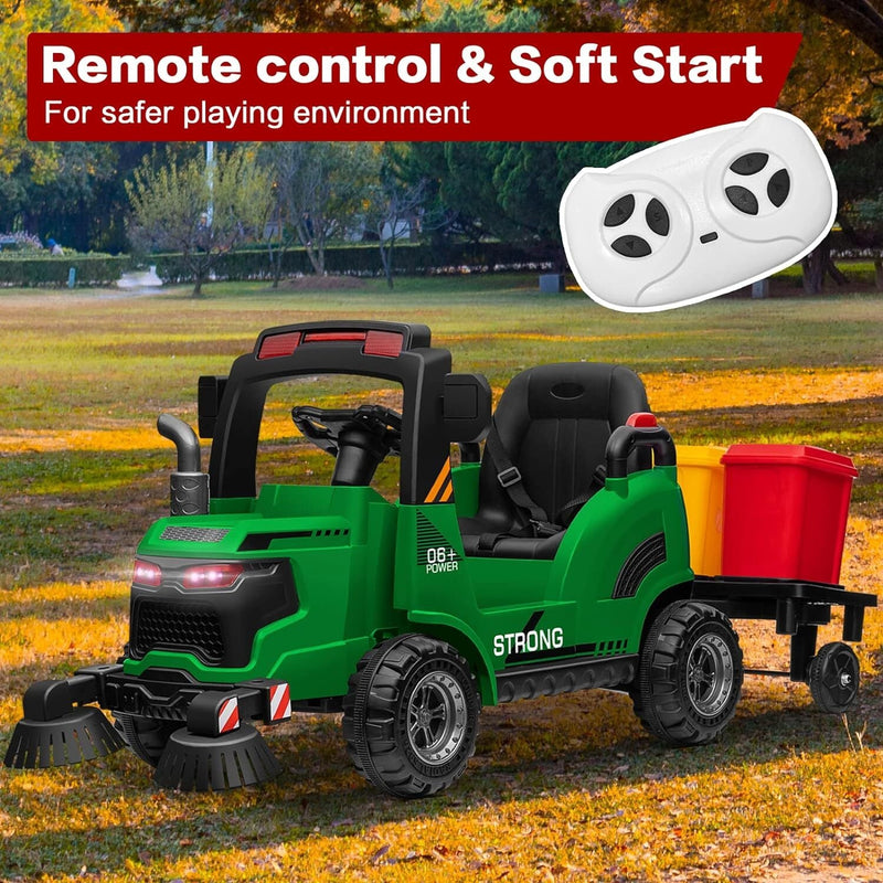 12V Kids Ride-On Construction Sweeper Truck with Trailer and Rubbish Bin Toy Car
