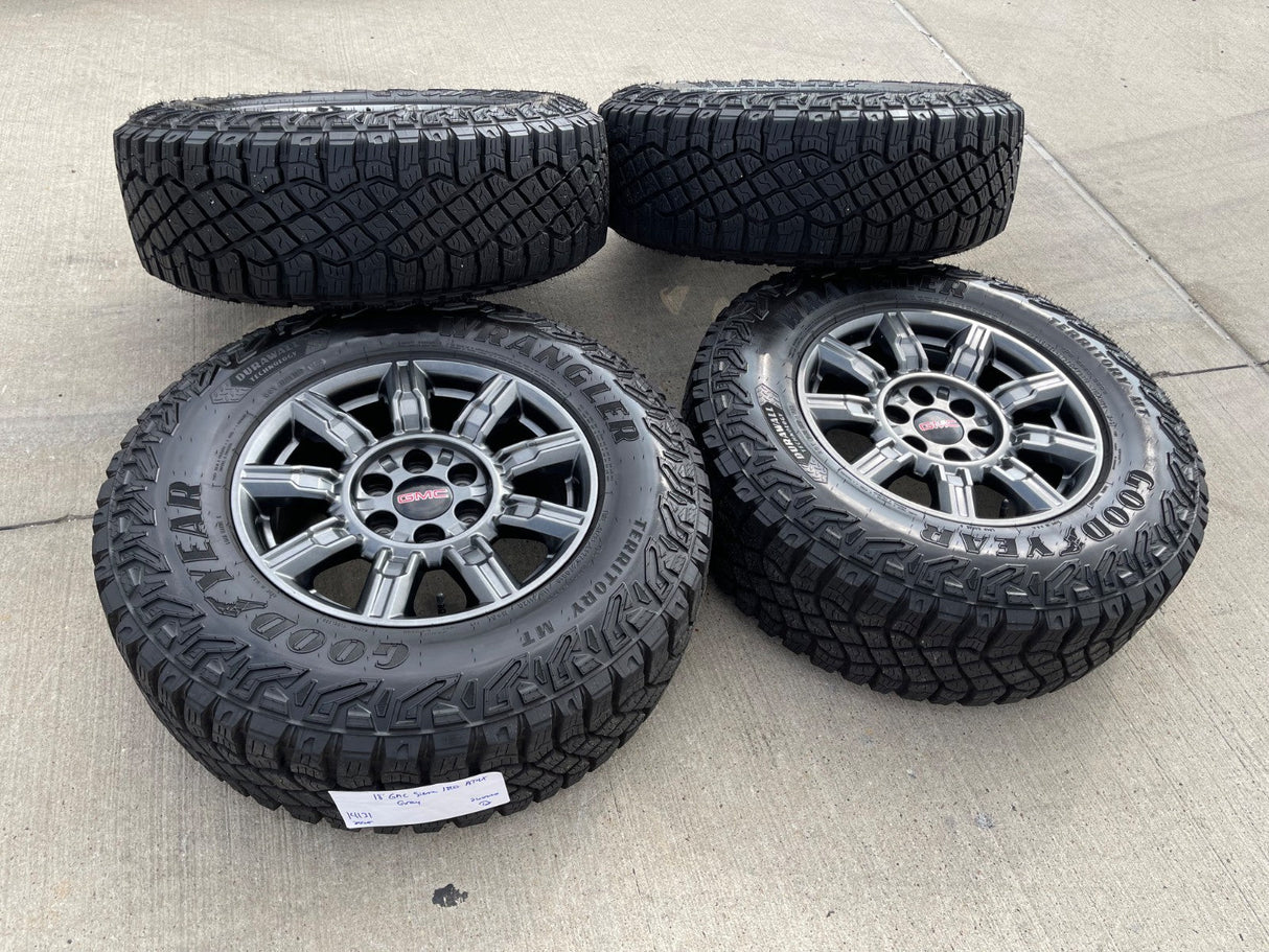 18" GMC Sierra AT4X Chevy Silverado OEM 14131 wheels rims 2025 2026 GOODYEAR M/T Texas Truck Tire
