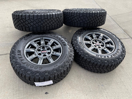 18" GMC Sierra AT4X Chevy Silverado OEM 14131 wheels rims 2025 2026 GOODYEAR M/T Texas Truck Tire