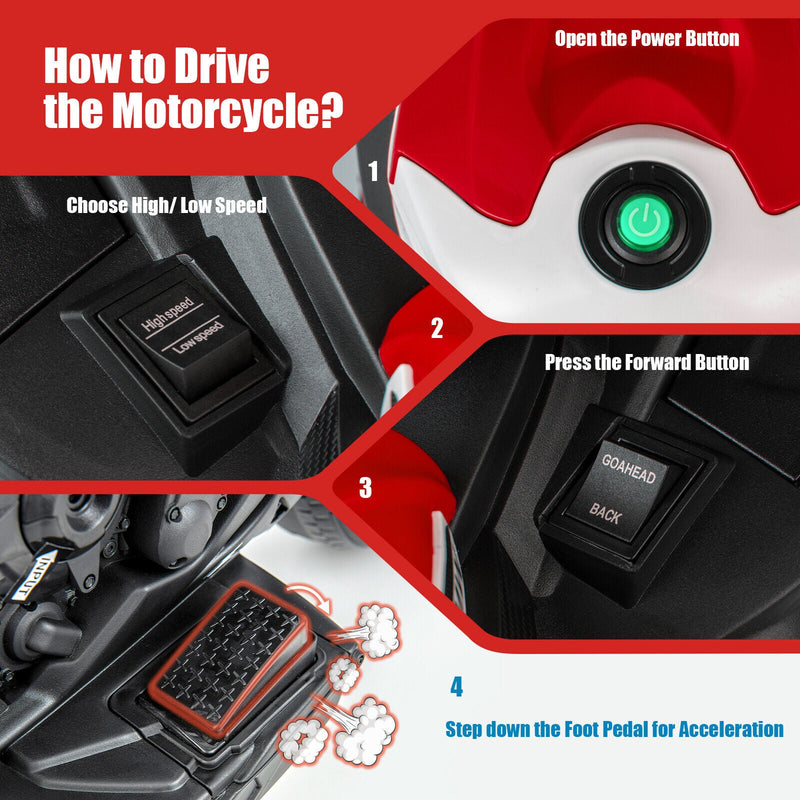 Electric Ride-On Motorcycle for Kids with LED Headlights and Non-Slip Wheels - Red