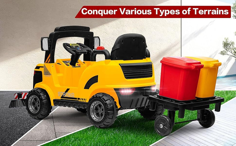 12V Kids Ride-On Construction Sweeper Truck with Trailer and Rubbish Bin Toy Car