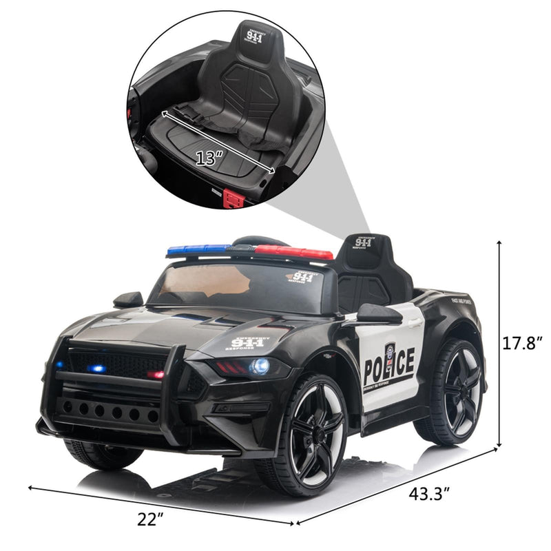 Police Sports Car Ride-On for Kids with Remote Control, LED Lights, Siren, and Microphone - 12V