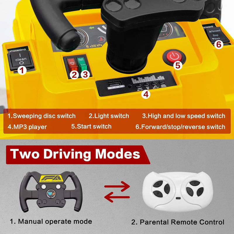 12V Kids Ride-On Construction Sweeper Truck with Trailer and Rubbish Bin Toy Car