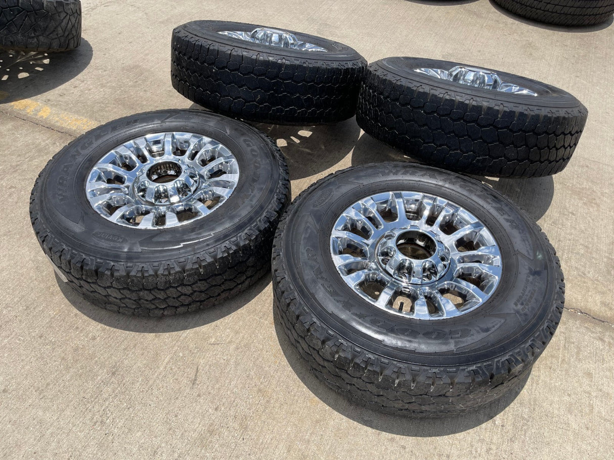 18" Ford F-250 F-350 OEM rims wheels 10290 chrome tires GOODYEAR WRANGLER A/T Texas Truck Tire