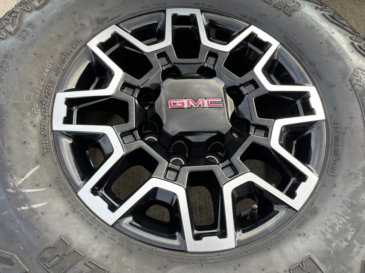 18" GMC Sierra AT4X Chevy Trail Boss 2500 OEM 14136 wheels rims GOODYEAR 35" Texas Truck Tire