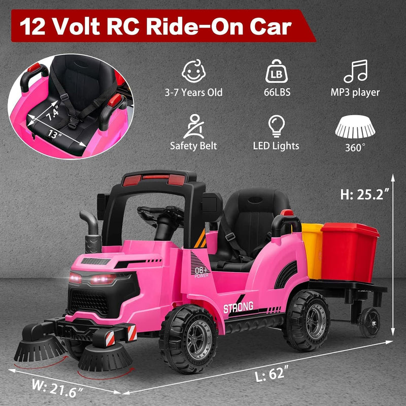 12V Kids Ride-On Construction Sweeper Truck with Trailer and Rubbish Bin Toy Car