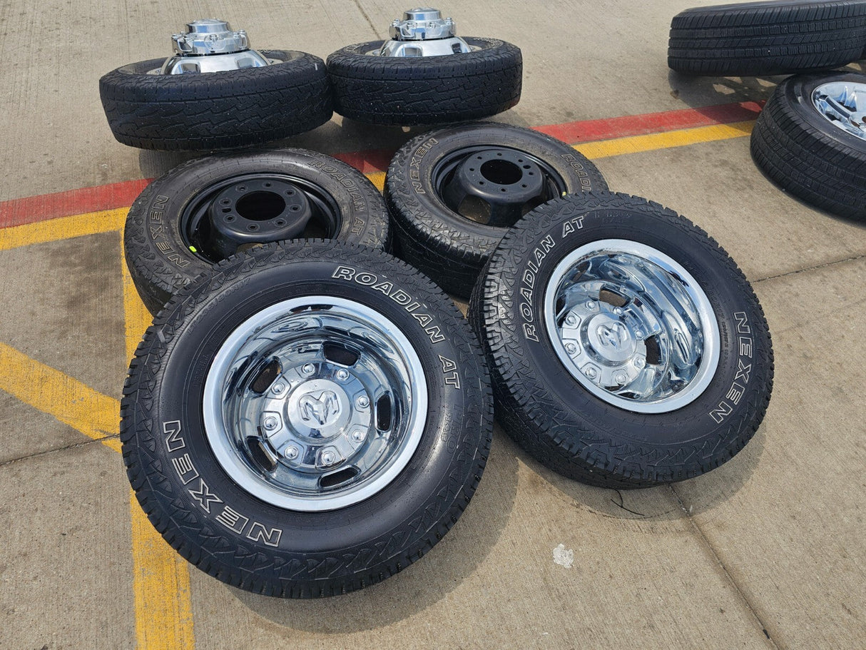 17" Dodge Ram 3500 Dually 8x200 wheels rims 2703 2704 OEM A/T tires Texas Truck Tire