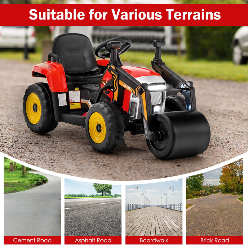 12V Electric Tractor for Kids with Remote Control, Music, and LED Lights - Red