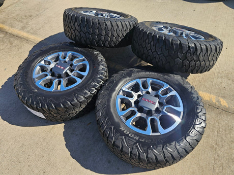 18" GMC Sierra AT4X Chevy Silverado 2500 3500 OEM 5949 wheels rims HANKOOK M/T2 Texas Truck Tire
