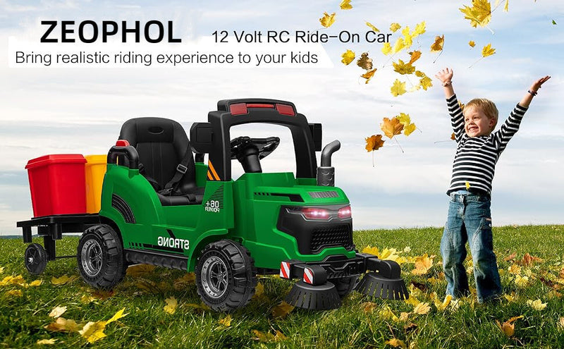 12V Kids Ride-On Construction Sweeper Truck with Trailer and Rubbish Bin Toy Car