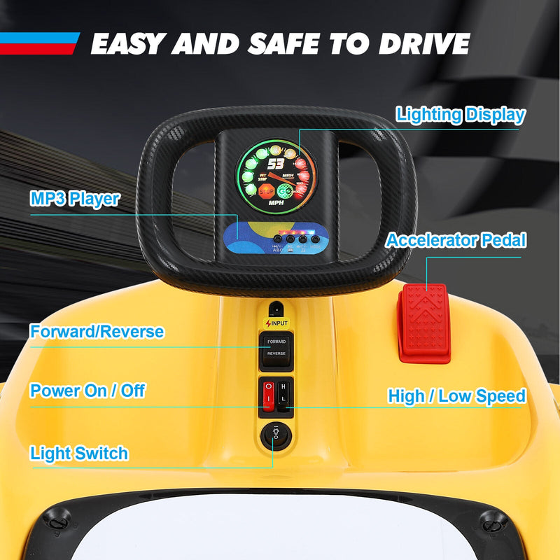 Yellow 12V Battery-Powered Kids Electric Ride-On Go-Kart with 3 Speeds, Music, and Remote Control
