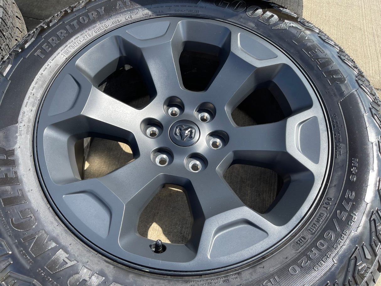 20" Dodge Ram 1500 OEM Laramie Black 2680 wheels rims 2025 2026 GOODYEAR NEW Texas Truck Tire