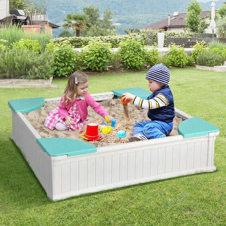 White Outdoor Sandbox with Oxford Cover and 4 Corner Seats for Kids