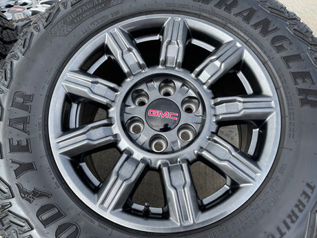 18" GMC Sierra AT4X Chevy Silverado OEM 14131 wheels rims 2025 2026 GOODYEAR M/T Texas Truck Tire