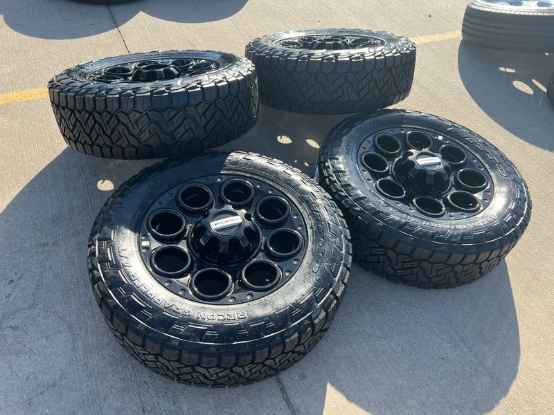 20" Ford F-250 F-350 OEM black TREMOR wheels rims 10299 10484 NEW NITRO A/T Texas Truck Tire