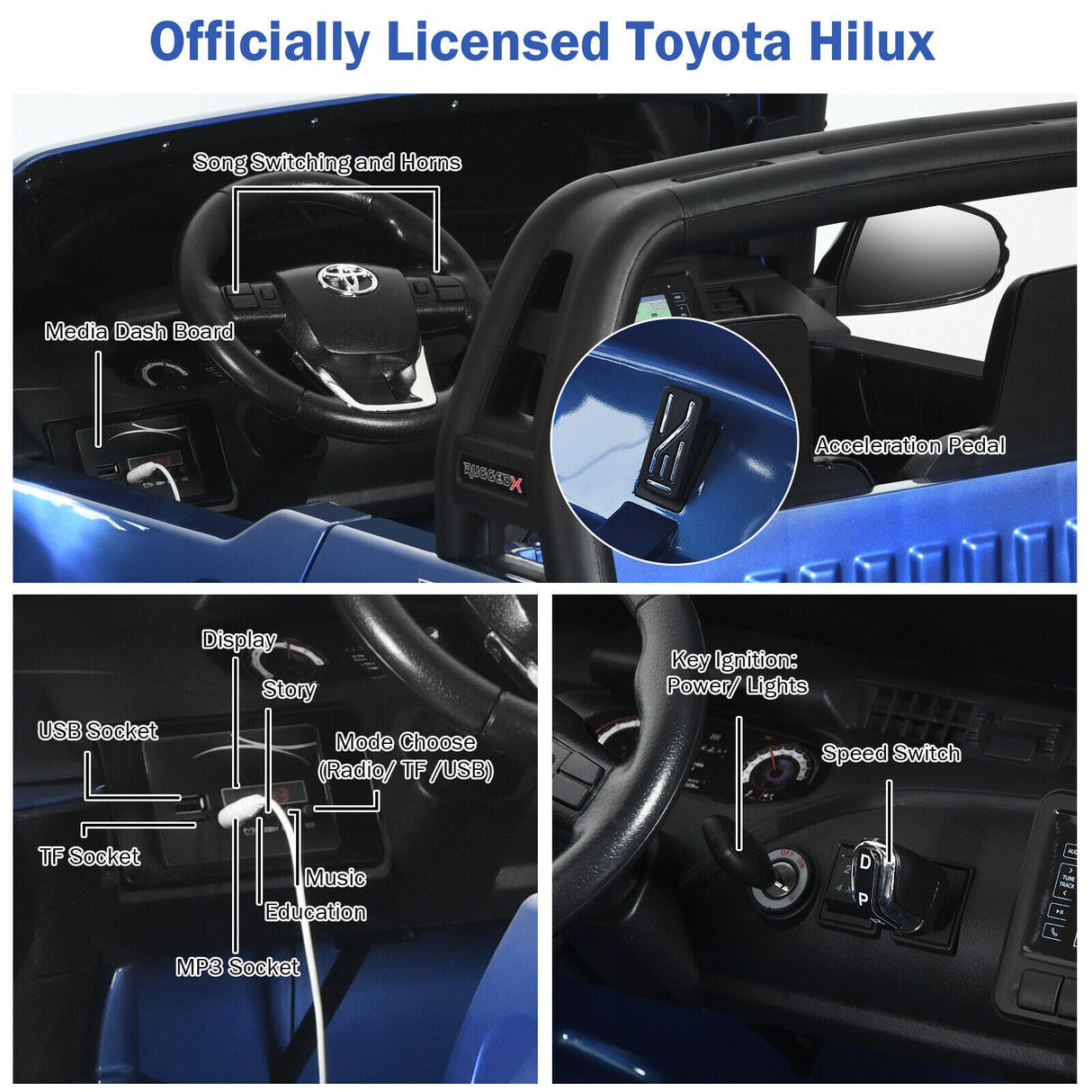 2-Seater Licensed Toyota Hilux Ride On Truck Car with Remote Control - Blue