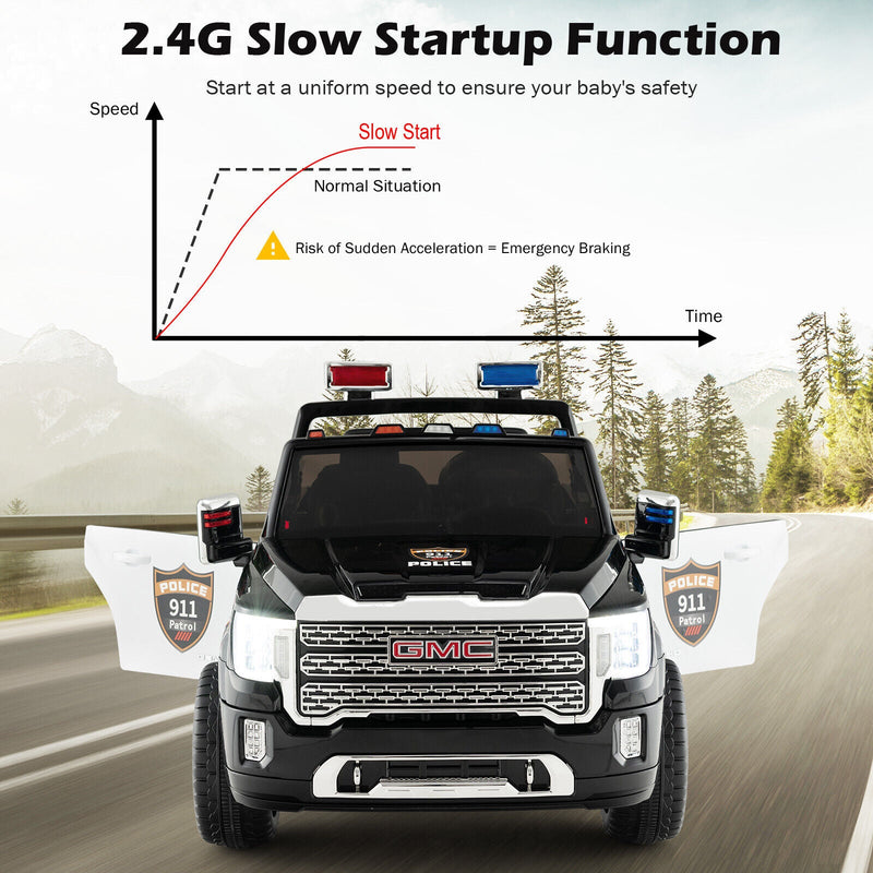 Licensed GMC Kids Ride On Police Car 2-Seater Truck with Remote Control and Music - 12V