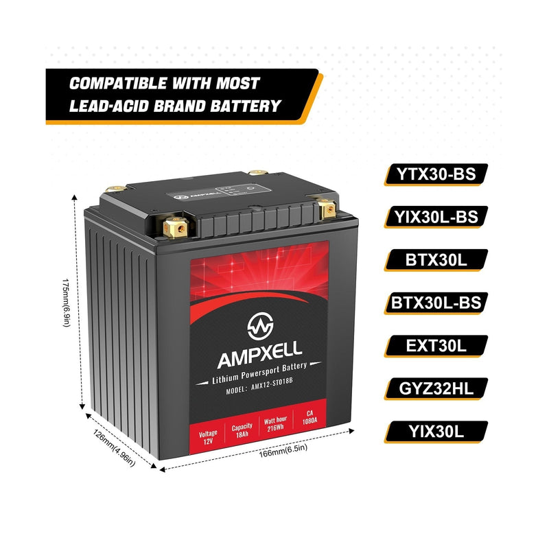 12V 18Ah Lithium Motorcycle Battery YTX30L-BS 1080A High Performance Replacement