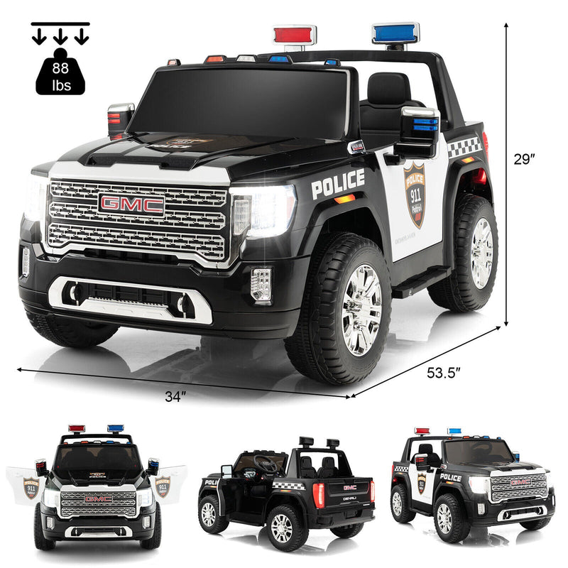 Licensed GMC Kids Ride On Police Car 2-Seater Truck with Remote Control and Music - 12V