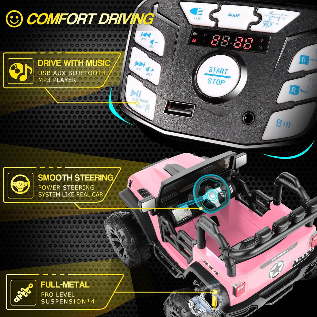 400W 2-Seater Electric Ride-On Jeep for Kids with LED Lights and Remote Control