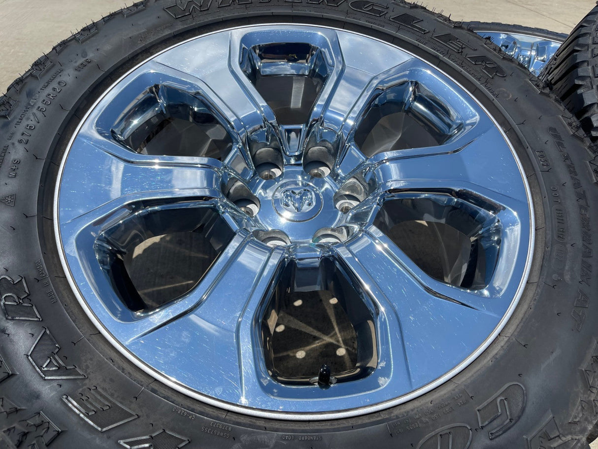 20" Dodge Ram 1500 OEM Laramie CHROME 2679 wheels rims tires GOODYEAR A/T Texas Truck Tire
