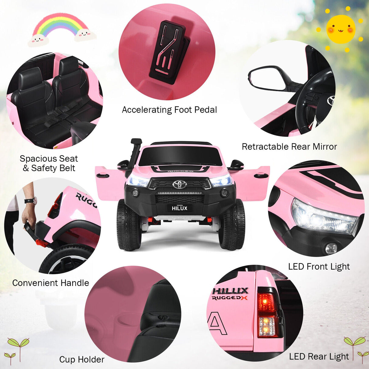 2-Seater Toyota Hilux Ride On Truck Car with Remote Control - Pink