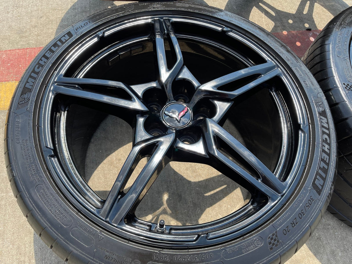 19" + 20" Chevy Corvette C8 OEM 14007 14008 wheels rims BLACK TPMS Texas Truck Tire